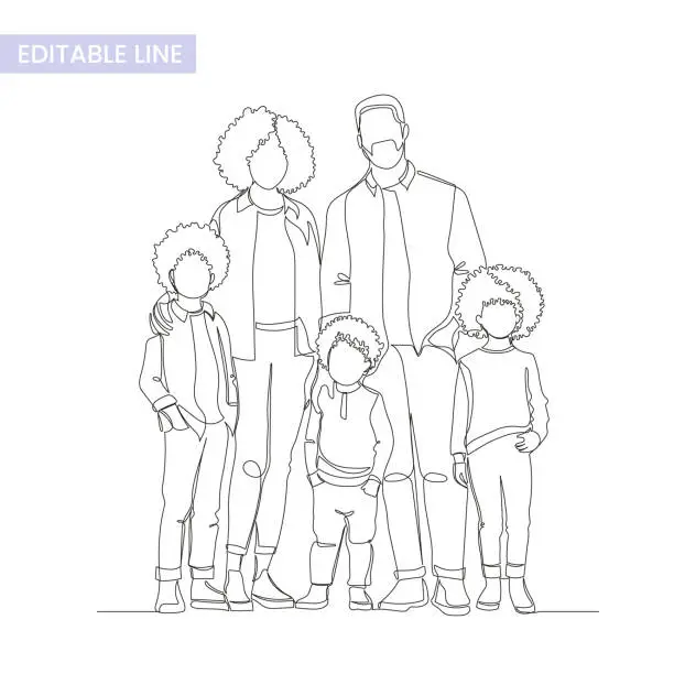 Vector illustration of One single endless line large family group portrait, simple continuous contour, modern trendy style, vector illustration isolated on white. Mother, father and three kids