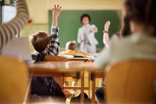 Rear view of schoolboy raising his hand to answer the teacher's question on a class at elementary school.