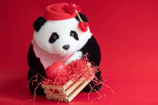 Panda Doll with Red Heart on Red Background