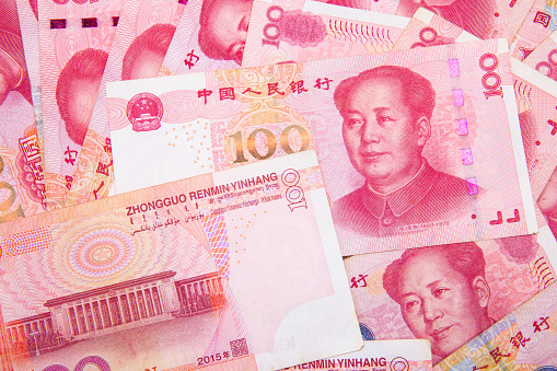 Chinese 100 RMB Yuan banknotes from China's currency.
