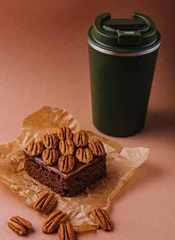 Brownie sweet chocolate dessert with walnuts