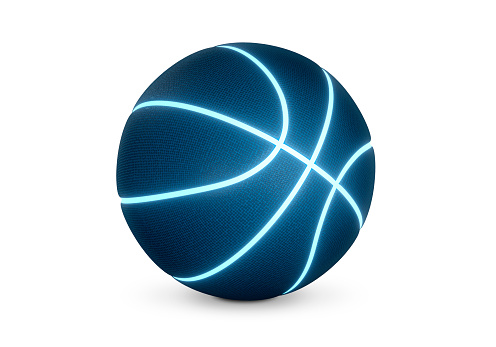 Blue basketball with bright glowing neon lines on white background
