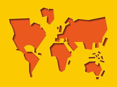Vector illustration of a simplified world map with a shadow effect, bold colors and copy space.