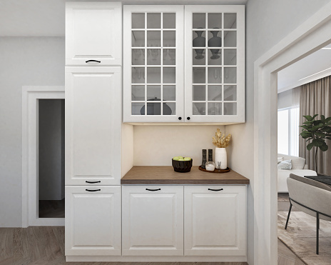 Photo of a modern and bright kitchen, white color. Render image.
