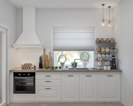 Photo of a modern and bright kitchen, white color. Render image.