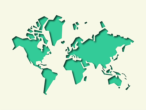 Vector illustration of a simplified world map with a shadow effect, bold colors and copy space.