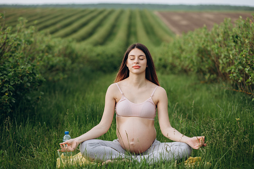 Closeup of charming pregnant woman doing yoga workout in park