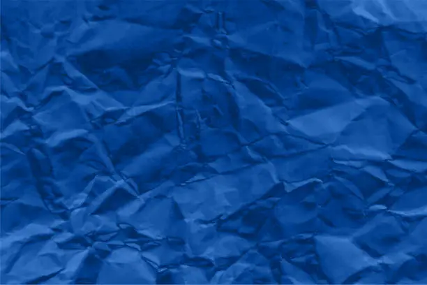 Vector illustration of Dark bright royal blue coloured crumpled crushed very wrinkled discarded paper horizontal vector backgrounds with folds, wrinkles and creases all over and soft edges like a blank empty waste page