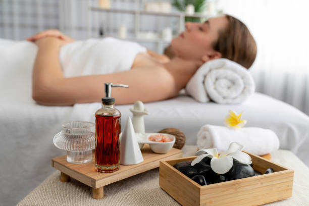 Aromatherapy massage ambiance or spa salon composition setup. Quiescent