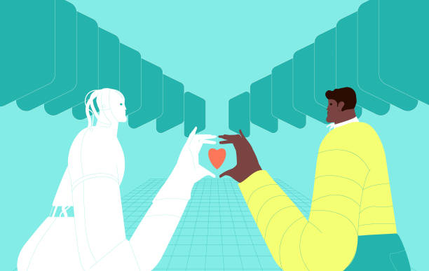 ilustrações de stock, clip art, desenhos animados e ícones de ai and human couple in love. man and virtual digital woman robot lovers in romantic relationship. - love teamwork cooperation machine