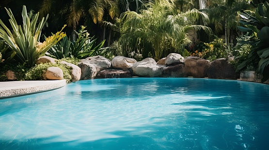 a swimming pool with tropical plants