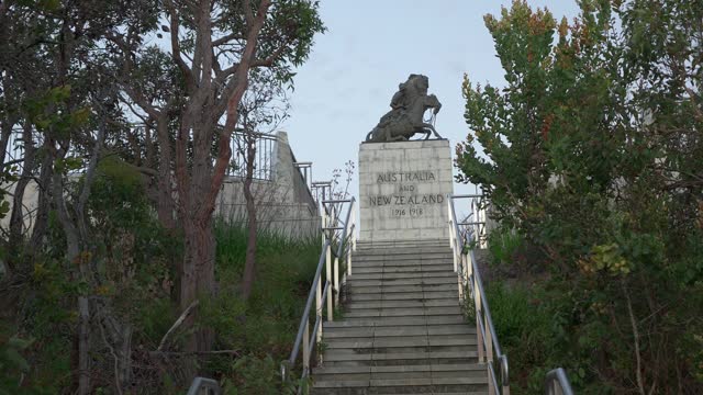 Tilt up reveal of the mounted desert corps statue at the memorial atop Mt. Clarence.