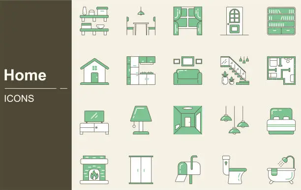 Vector illustration of Home icon set.Real Estate, Home Interior, Furniture, living room, bedroom, construction, Building, kitchen corner bench, sofa, nursery, dining table, TV stand, Toilet, Bathroom, office, Garden, stairs