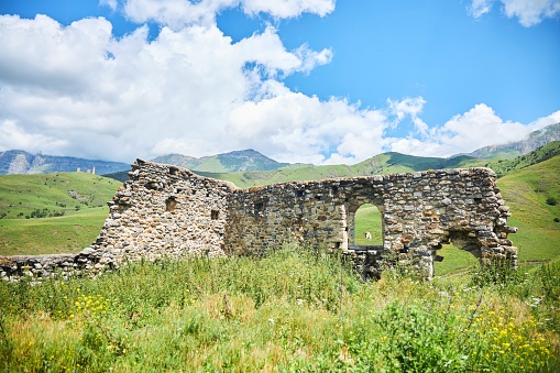Olgeti, Russia. - July 16, 2023: Ancestral battle towers in the Republic of Ingushetia. The tower complex.