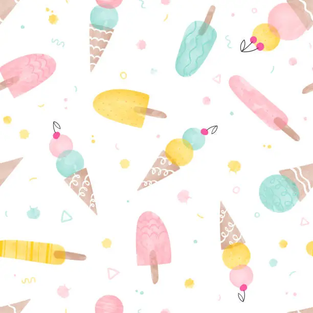 Vector illustration of Seamless icecream pattern drawn with water colors - seamless background texture, great for summer themed fabrics, wallpapers, menus or banners.