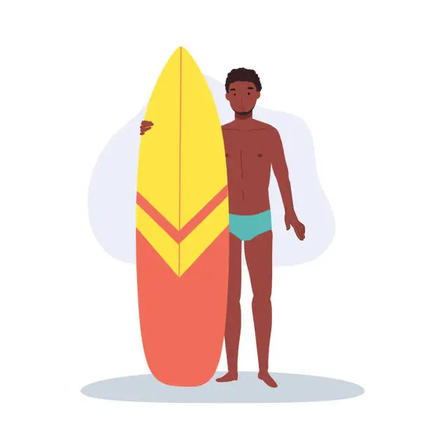 Vector illustration of African american man with surfboard on the beach