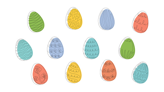 Set of Colored Easter eggs with patterns. Continuous one line drawing. Illustration on white background. Design elements. Ideal for icon, logo, print, Easter decoration, coloring book, greeting card