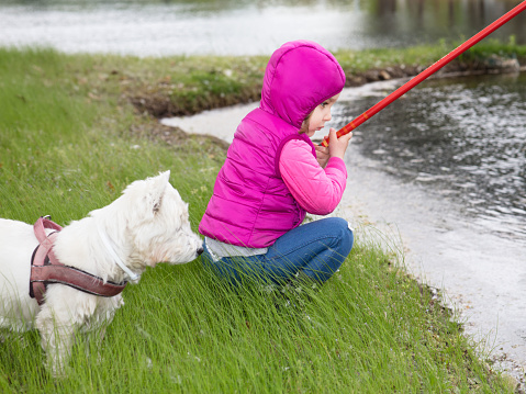 A little girl holds a fishing rod. She looks rather disappointed, because the  fish are not biting, maybe for  the rainy and windy weather. Her dog looks at the pond too, if anything bites.
