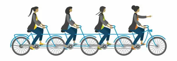 Vector illustration of Group of women on tandem bicycle. Isolated. Vector illustration.