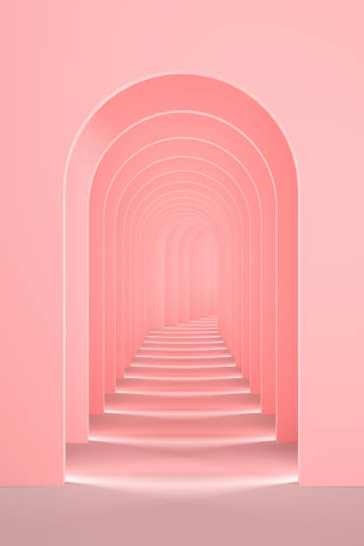 istock Pink surreal 3d interior render. Abstract arch corridor pastel pink background concept. 1994601048