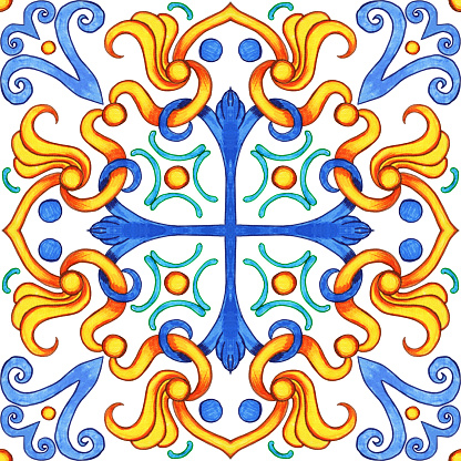 Majolica watercolor seamless pattern. Sicilian hand drawn ornament. Traditional blue and yellow ceramic tiles. Portuguese traditional azulejo pattern. Moroccan style.