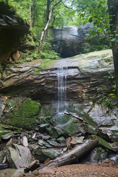 istock Beautiful natural landscape. The waterfall flows down a rock covered with moss 1994607101