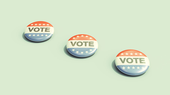 Vote badge button pin badges 2024 November united states presidential elections red white blue 3d illustration render digital rendering