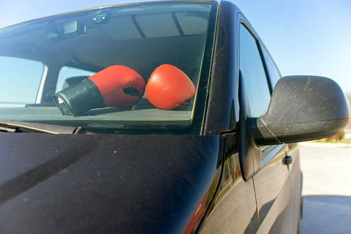 View of a car carrying boxing gloves.