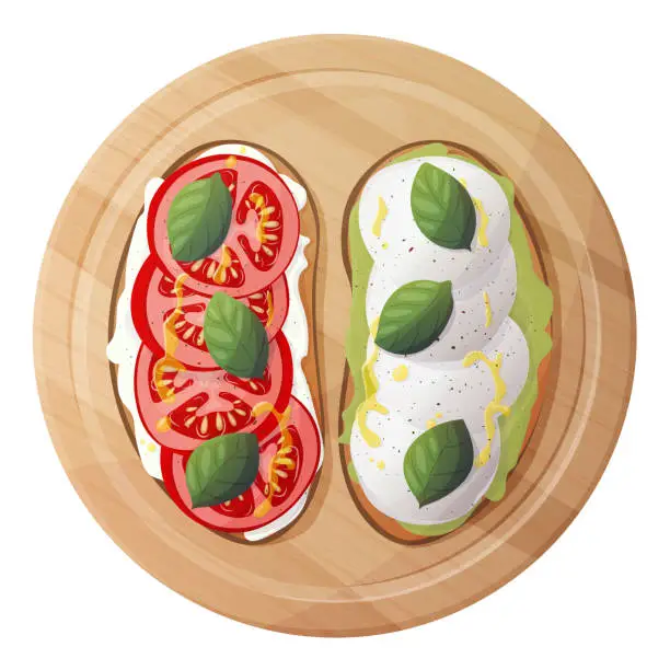 Vector illustration of Set of toasts and sandwiches with different healthy ingredients. Slices of bread with fish, avocado, tomato, mozzarella and basil. Vector flat illustration isolated on white