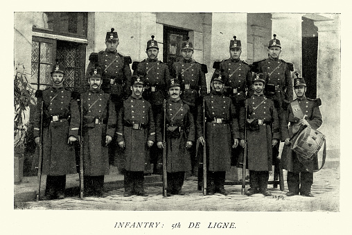 Vintage picture, French army soldiers, Infantry of the 5th De Ligne, Military history, Uniforms, 1890s, Victorian, 19th Century