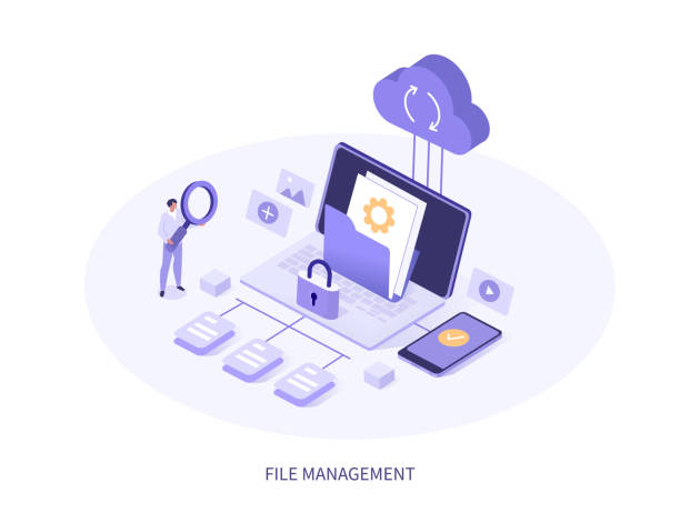 file management File management concept. Character search, share and secure transfer documents, folders and other data from devices in cloud database storage. Isometric vector illustration. cartoon of a searching stock illustrations