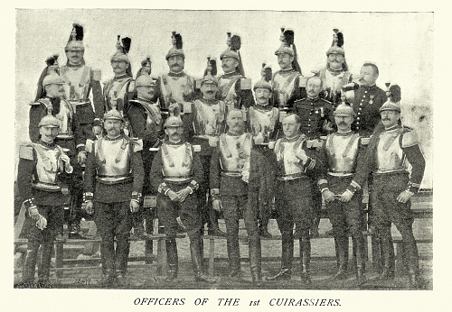 Vintage picture, French army soldiers, Officers of the 1st Cuirassiers, Military history, Uniforms, 1890s, Victorian, 19th Century