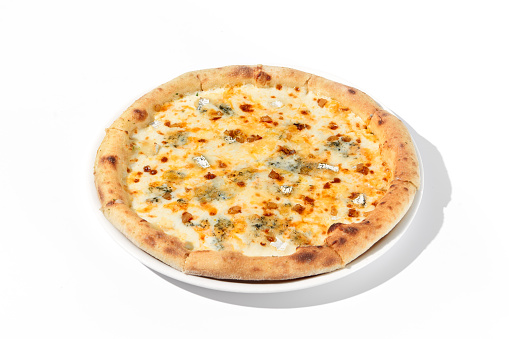 Italian Quattro Formaggi Pizza with Four Cheeses Isolated on White.
