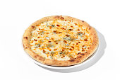 Italian Quattro Formaggi Pizza with Four Cheeses Isolated on White