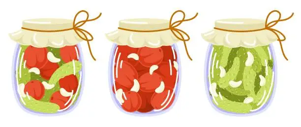 Vector illustration of Pickled vegetables set in flat style. Marinated cucumber, tomatoes, garlic. Autumn marinate food. Vector illustration isolated on a white background.