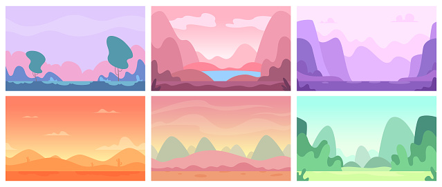 Flat landscape. Gaming stylized backgrounds with trees sky and mountains exact vector abstract nature pictures collection of game panorama interface illustration