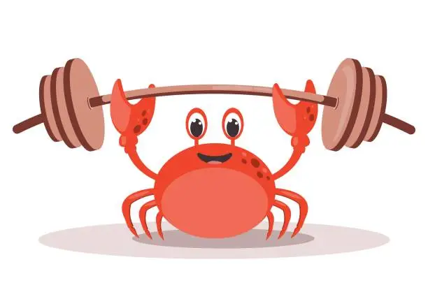 Vector illustration of Vector red crab on whitebackground. Cute cartoon crab. Crab athlete with a barbell.