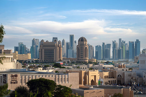 Doha, Qatar - February 01, 2024: Al Gassar Resort hotel and St. Regis Doha hotel view from Katara Hill