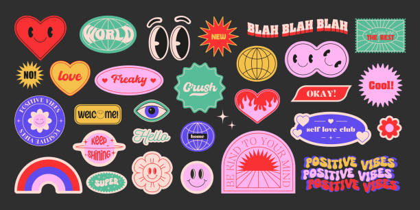 Set of abstract y2k shapes and badges. Geometric templates, smiling faces, flowers, hearts, patches Set of abstract y2k shapes and badges. Geometric templates, smiling faces, flowers, hearts, patches. Groovy and psychedelic stickers. Fun graphic for poster and collage design. Vector illustration psychedelic flowers stock illustrations