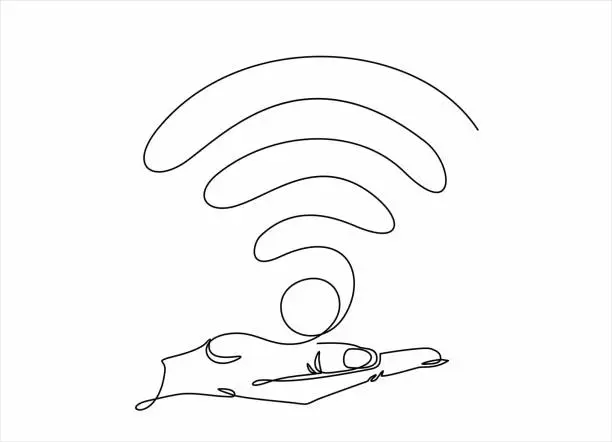 Vector illustration of Hand holding Wi-Fi. Continuous line