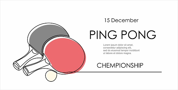 Continuous one line drawing of ping pong rackets and ball. Ping pong tournament Poster Template with balls and racquets