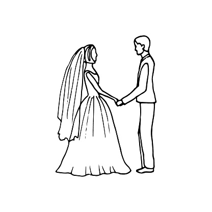 hand drawn illustration of newlyweds holding hands standing opposite each other. wedding drawing in doodle style
