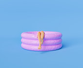 Cartoon Legs Protruding from a Pink Pool Float on Blue Background