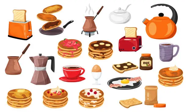 Vector illustration of Set of vector illustrations of food, morning drinks, kitchen utensils and dishes on a white background.