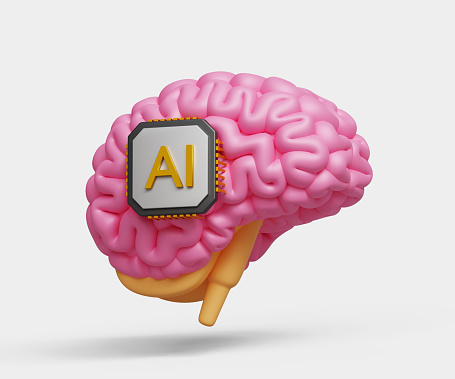 Neurotechnology, implantable brain machine. AI think like human. Machine learning technology. Solve problem, robot automation and innovation. 3D brain with AI processing chip icon. 3d illustration