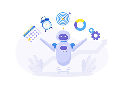 AI artificial intelligence to help productivity. Multitasking robot performs many tasks at the same time. Smart automation, robotic assistance. AI robot juggling with calendar, chart, diagram, target