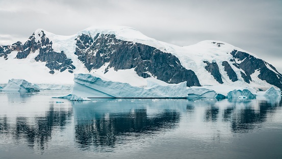 Antarctica Icebergs floating on the Antarctic Ocean close at the Antarctic Coast in a Glacier Bay - Lagoon under overcast skyscape. Coastal Icebergs reflecting and mirroring in the calm antarctic coastal waters.. Antarctica, Antarctica Ocean