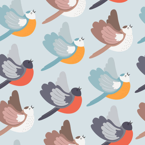 bezszwowy wzór z uroczymi pulchnymi lokalnymi ptakami - spring birdsong bird seamless stock illustrations