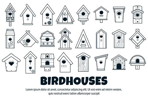 Simple black and white icons of wooden birdhouses. Large, big set of houses for birds, bird feeder of various shapes. Template banners for Bird Day, Nature protection. Vector illustration