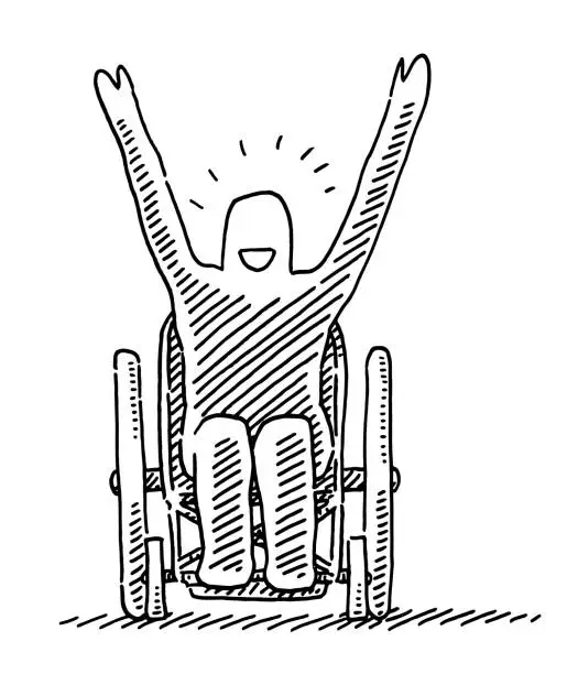 Vector illustration of Cheering Human Figure In Wheelchair Drawing